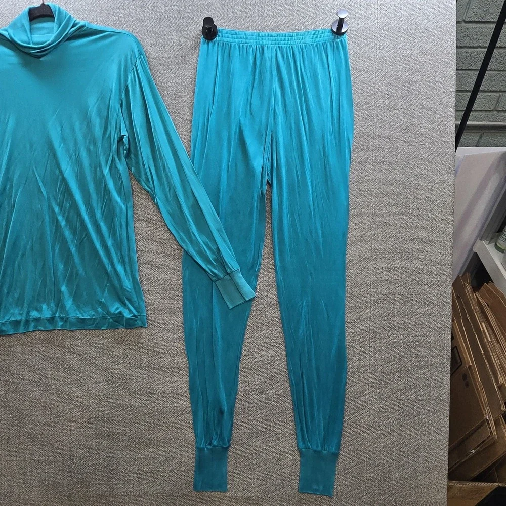 Vintage Gander Mountain 100% Silk Base Layer Set M Turquoise Turtleneck Long Joh